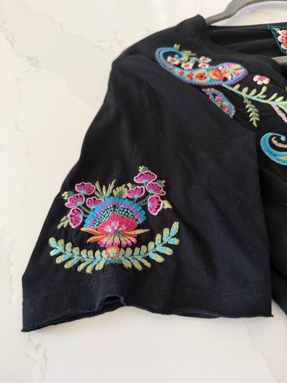 Johnny Was Black V-Neck Tee with Bright Multicolor Floral Embroidery - Picture 3 of 5